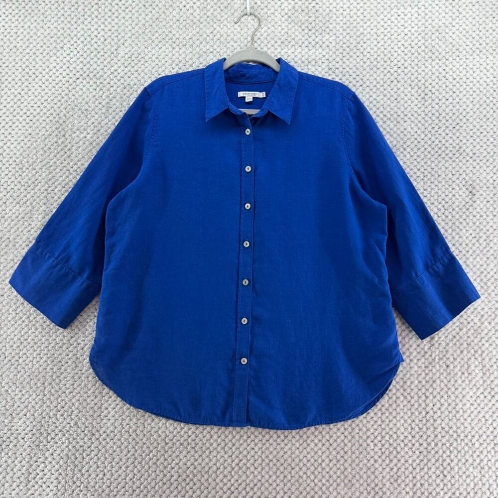 Chicos Top Women 2 US12 Blue Linen Button Front Collared 3/4 Sleeve Button Cuff